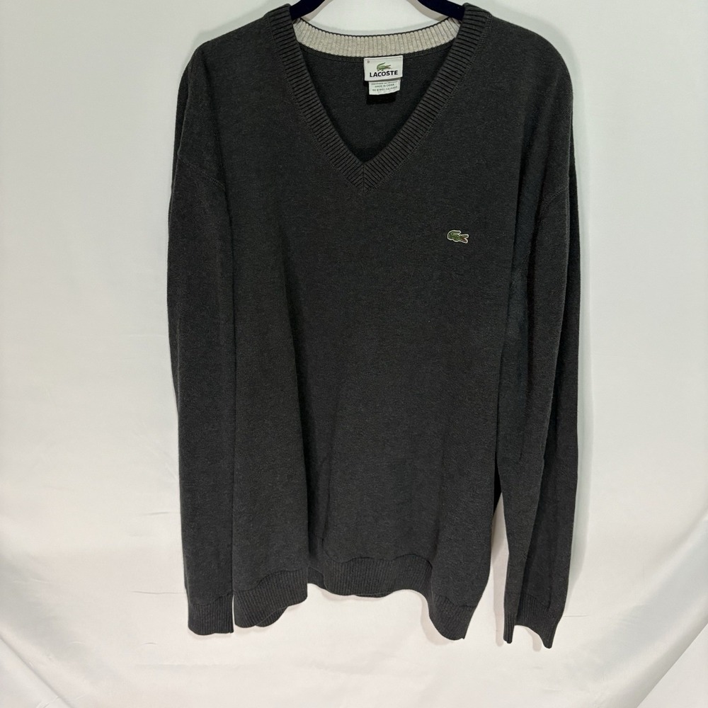 Vintage Lacoste Mens Dark Grey V Neck Knit Sweater Size 8 XXL F5178